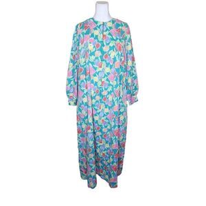 Vintage 70s Lucie Ann House Coat Dress Maxi Pockets Womens Size L Green Floral